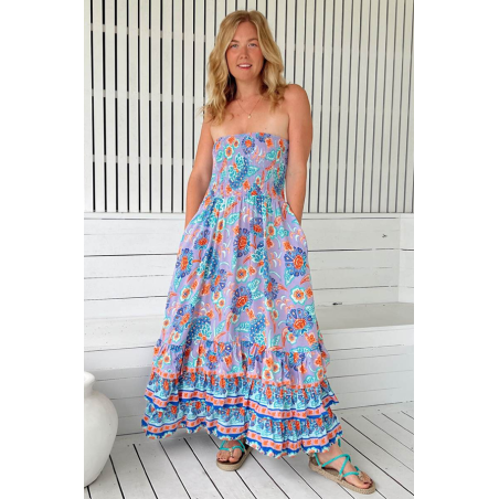 robe longue été, robe bustier bohème, robe JAASE Paloma, robe fleurie colorée, look été femme, robe fluide plage, tenue bohème c