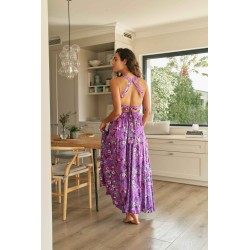 robe longue dos nu, robe fleurie violette, robe été JAASE Magnolia, robe bohème chic femme, robe 100% rayon, robe à nouer dos, r